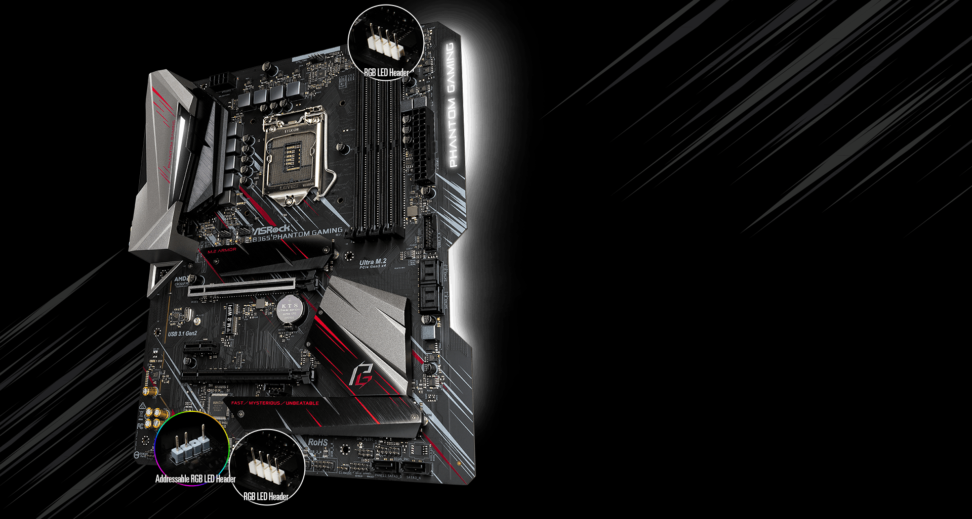 ASRock B365 Motherboard Angled to the Left, with Closeups of the Three Different Headers